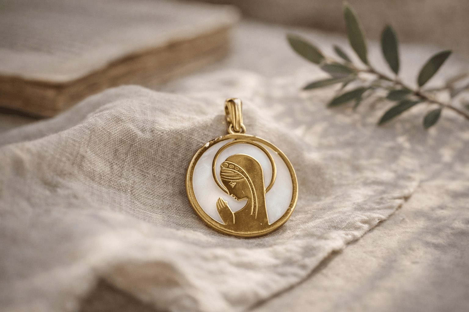 Detalle de joyería espiritual sobre lino — Testigo de Betania